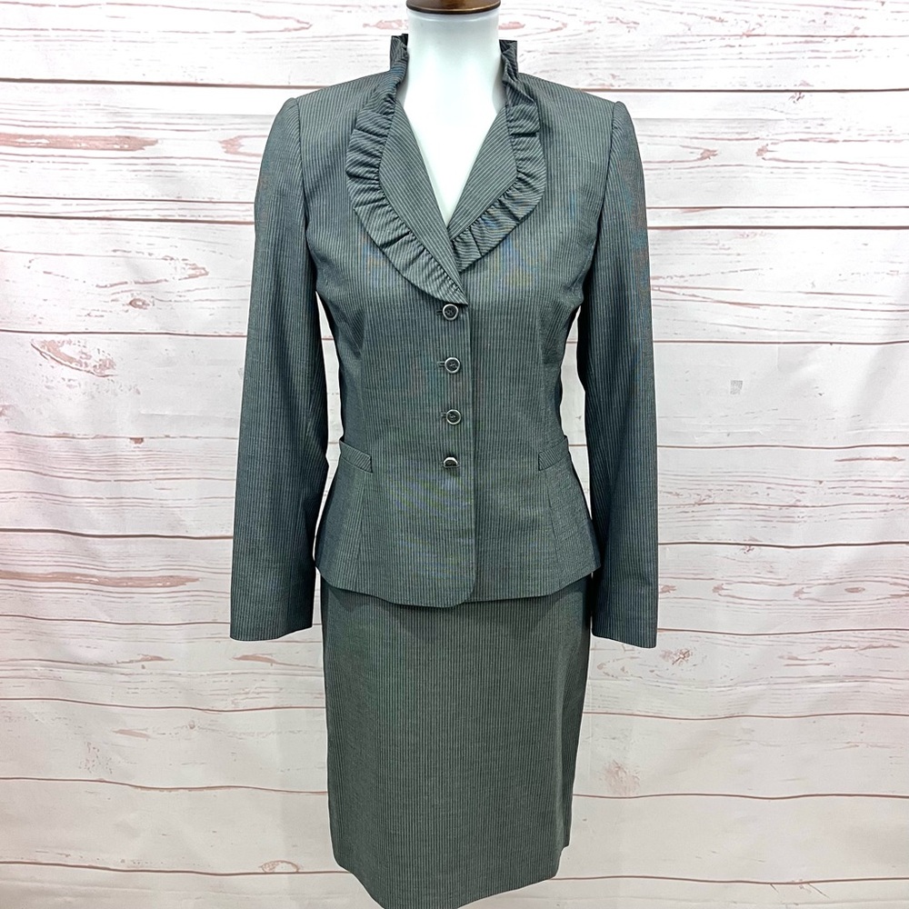 Tahari Pinstriped Ruffle Collar Blazer Skirt Suit Professional Office
